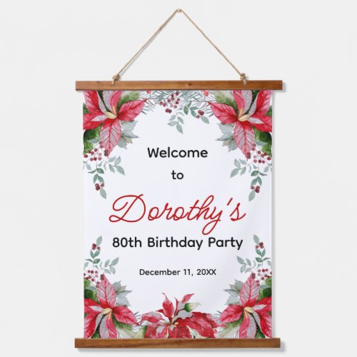 Red Poinsettia Floral 80th Birthday Welcome Hanging Tapestry