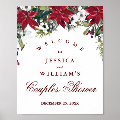 Red Poinsettia Floral Chic Couple Shower Welcome Poster