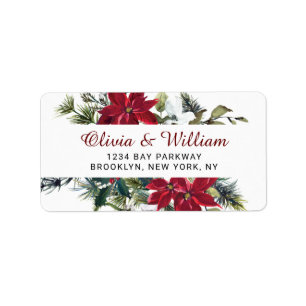 Red Poinsettia Floral Christmas Address Label