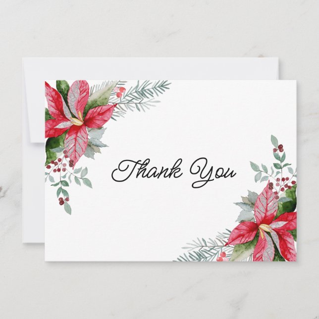 Red Poinsettia Floral Christmas Baby Shower Thank You Card (Front)