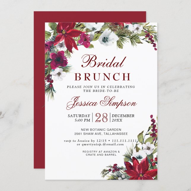 Red Poinsettia Floral Christmas Bridal Brunch Invitation (Front/Back)
