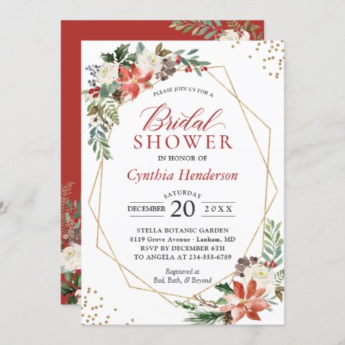 Red Poinsettia Floral Christmas Bridal Shower Invitation