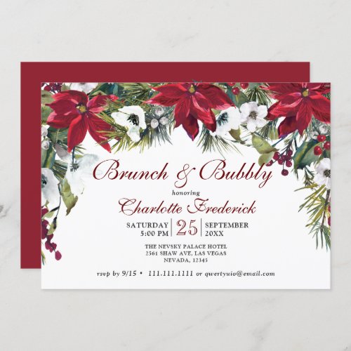 Red Poinsettia Floral Christmas Brunch  Bubbly Invitation