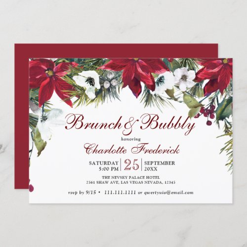 Red Poinsettia Floral Christmas Brunch  Bubbly Invitation