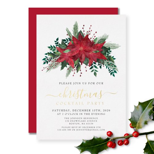 Red Poinsettia Floral Christmas Cocktail Party Foil Invitation
