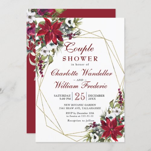 Red Poinsettia Floral Christmas  Couple Shower Invitation