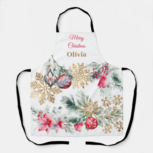 Red Poinsettia Floral Christmas Dinner Party  Apron