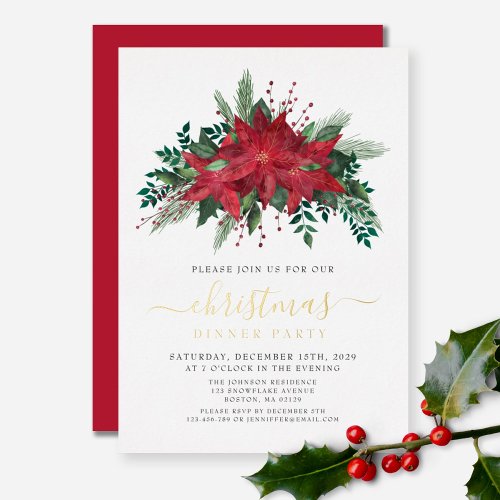 Red Poinsettia Floral Christmas Dinner Party Gold Foil Invitation