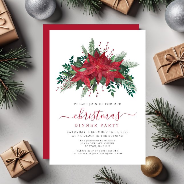 Red Poinsettia Floral Christmas Dinner Party Invitation (Red Poinsettia Floral Christmas Dinner Party Invitation)