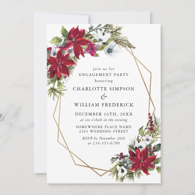 Red Poinsettia Floral Christmas  Engagement Party Invitation (Front)