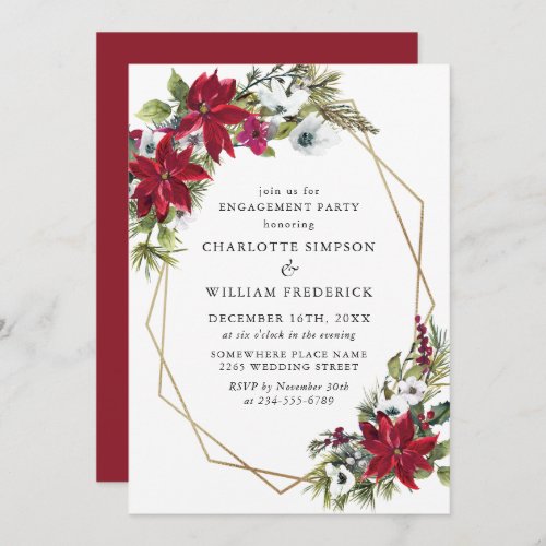 Red Poinsettia Floral Christmas  Engagement Party Invitation