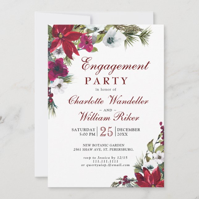 Red Poinsettia Floral Christmas  Engagement Party Invitation (Front)