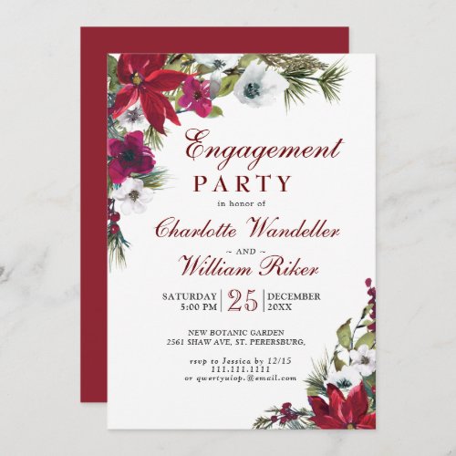 Red Poinsettia Floral Christmas  Engagement Party Invitation