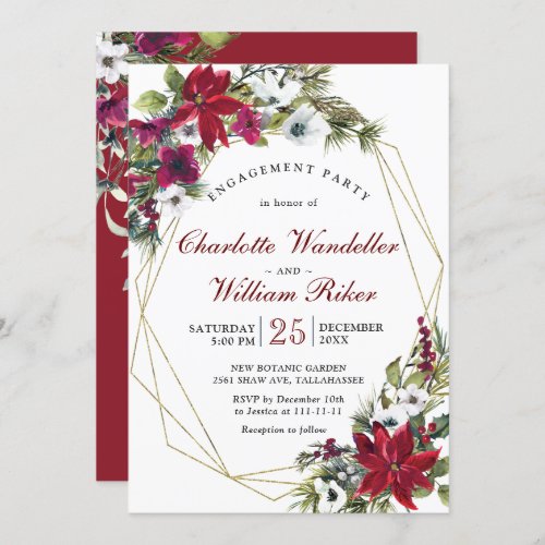 Red Poinsettia Floral Christmas  Engagement Party Invitation