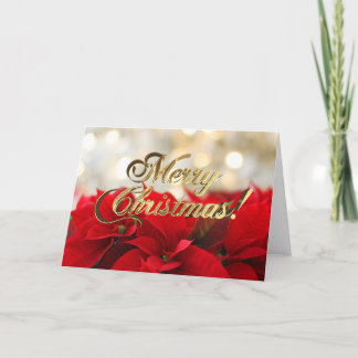 Red Poinsettia Floral Christmas Faux Gold Script Holiday Card