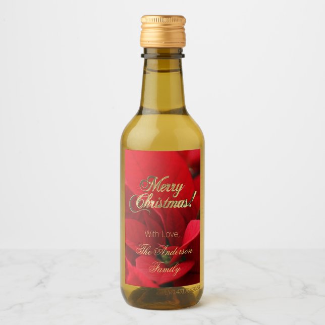 Red Poinsettia Floral Christmas Flowers Elegant Wine Label (Front)