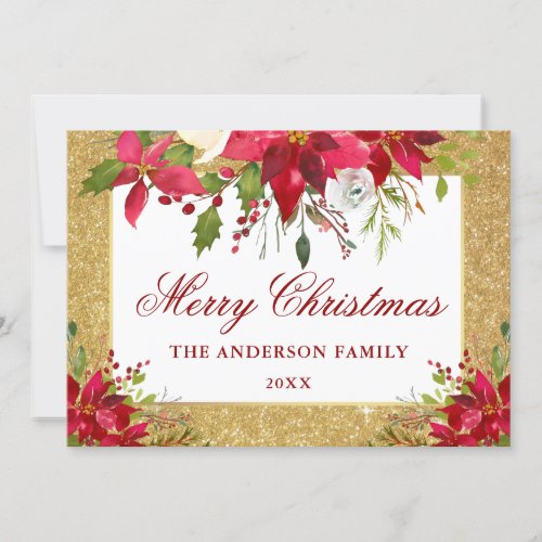 Red Poinsettia Floral Christmas Gold Glitter Card