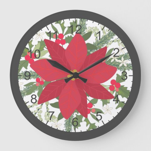 Red Poinsettia Floral Christmas Large Clock