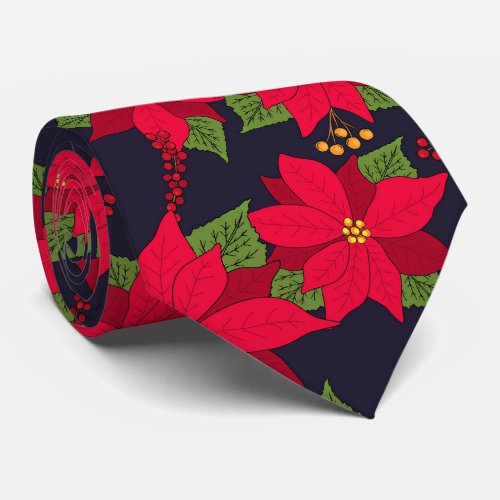 Red Poinsettia Floral Christmas Neck Tie