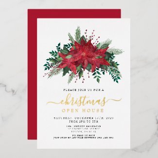 Red Poinsettia Floral Christmas Open House Gold Foil Invitation
