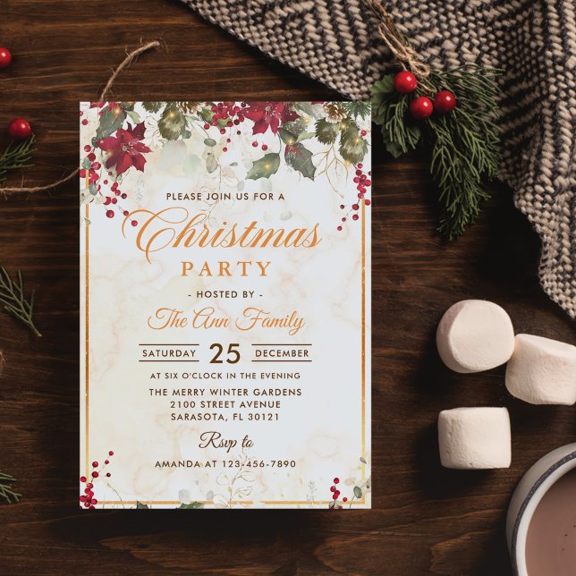 Red Poinsettia Floral Christmas Party Invitation (Creator Uploaded)