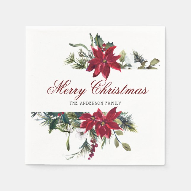 Red Poinsettia Floral Christmas PARTY Paper Napkins (Front)