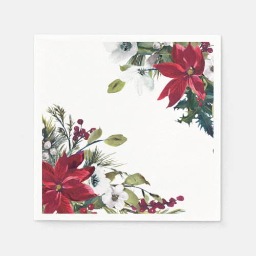 Red Poinsettia Floral Christmas Party Paper Napkins