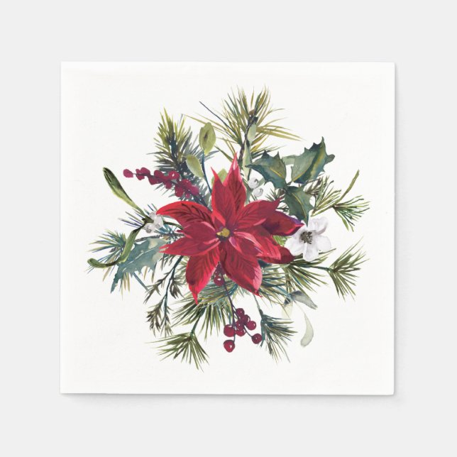 Red Poinsettia Floral Christmas PARTY Paper Napkins (Front)