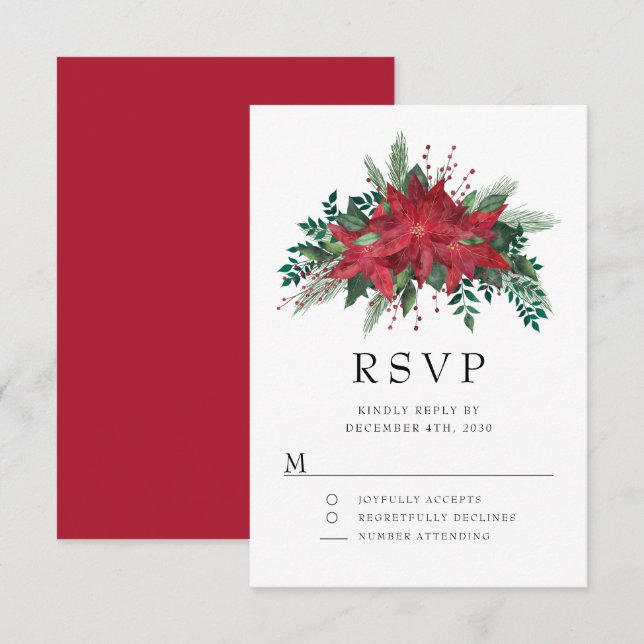 Red Poinsettia Floral Christmas Party RSVP Card (Front/Back)