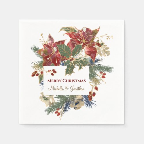 Red Poinsettia Floral Christmas Personalized Napkins