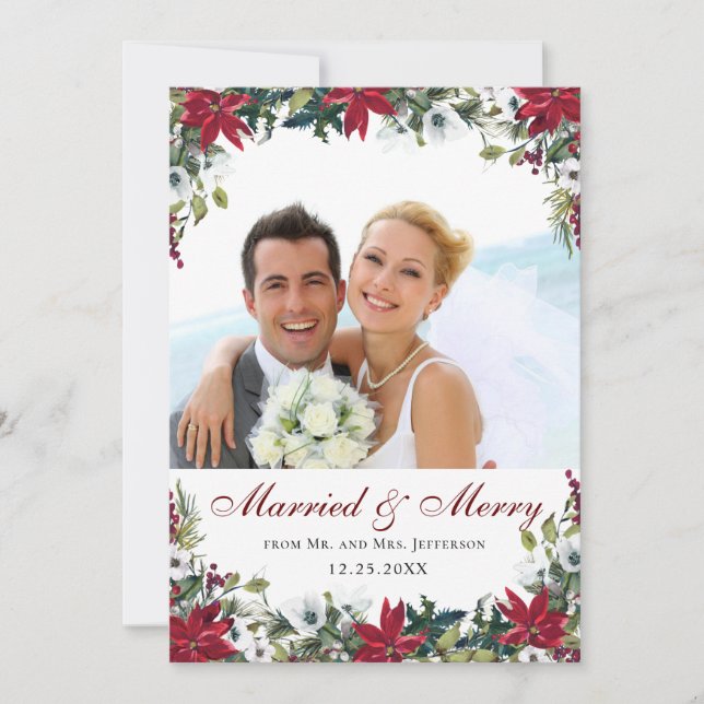 Red Poinsettia Floral Christmas PHOTO Thank You (Front)