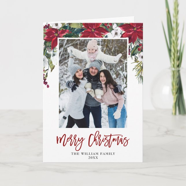 Red Poinsettia Floral Christmas PHOTO Watercolor Holiday Card (Front)