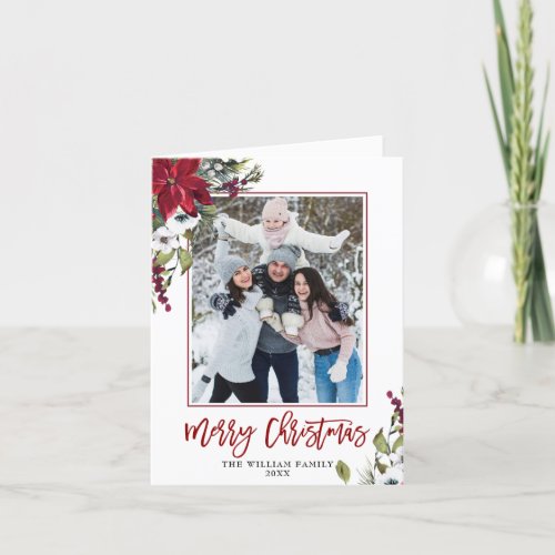 Red Poinsettia Floral Christmas PHOTO Watercolor Holiday Card