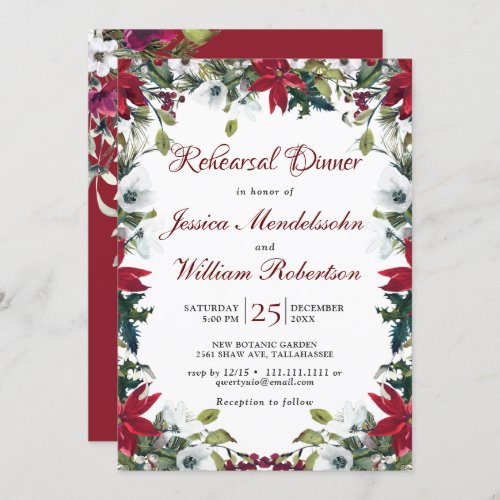 Red Poinsettia Floral Christmas Rehearsal Dinner Invitation