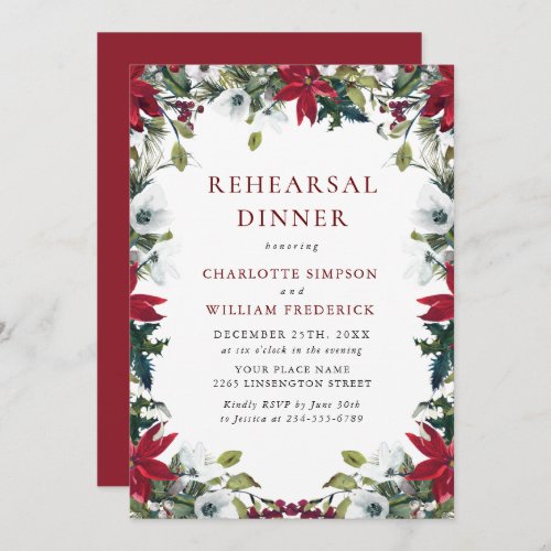 Red Poinsettia Floral Christmas Rehearsal Dinner Invitation