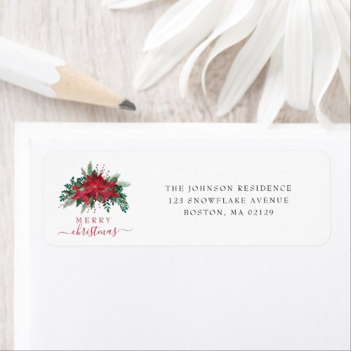 Red Poinsettia Floral Christmas Return Address Label