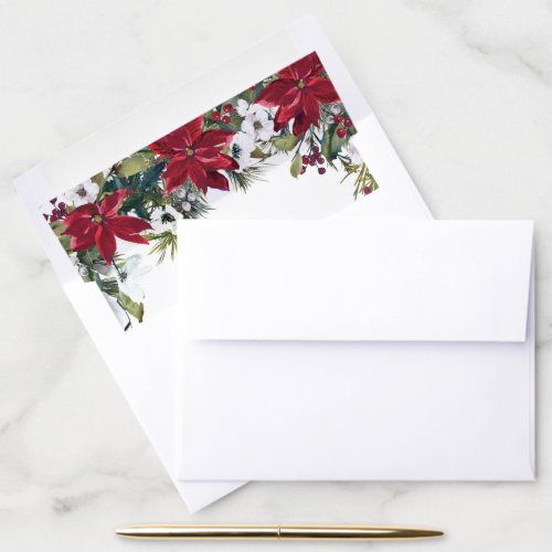 Red Poinsettia Floral Christmas Watercolor Envelope Liner