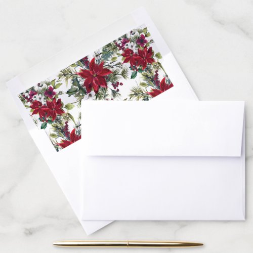 Red Poinsettia Floral Christmas Watercolor Envelope Liner