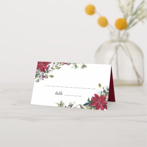 Red Poinsettia Floral Christmas Watercolor  Table Place Card