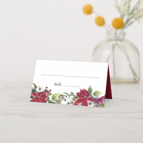 Red Poinsettia Floral Christmas Watercolor  Table Place Card