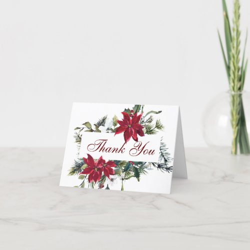 Red Poinsettia Floral Christmas  Watercolor Thank You Card