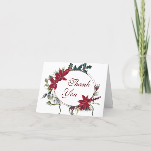 Red Poinsettia Floral Christmas  Watercolor Thank You Card