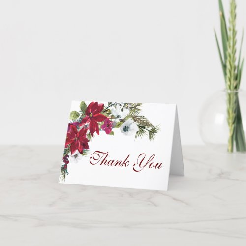 Red Poinsettia Floral Christmas  Watercolor Thank You Card