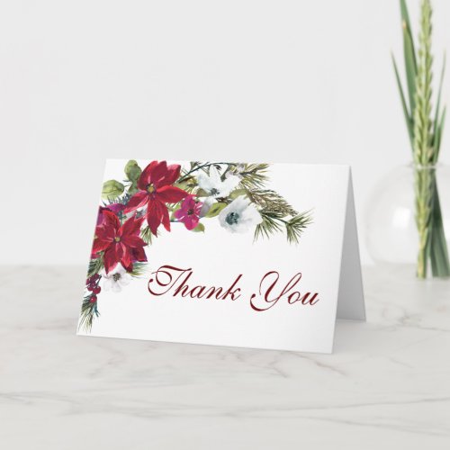 Red Poinsettia Floral Christmas  Watercolor Thank You Card