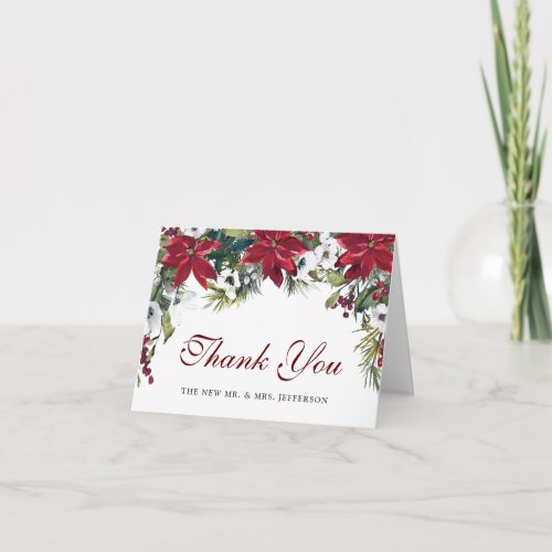 Red Poinsettia Floral Christmas  Watercolor Thank You Card