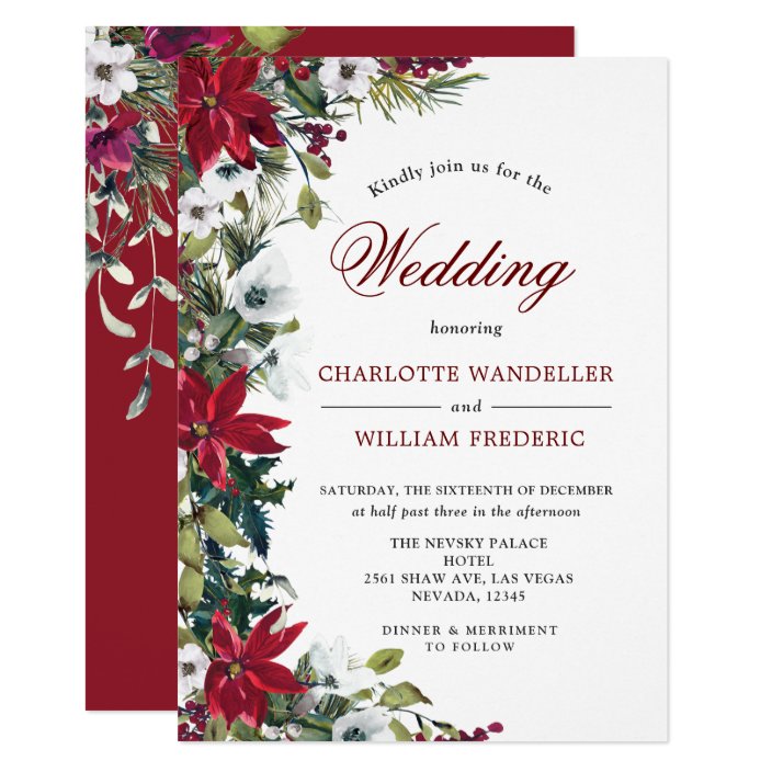 Red Poinsettia Floral Christmas Watercolor Wedding Invitation Zazzle Com