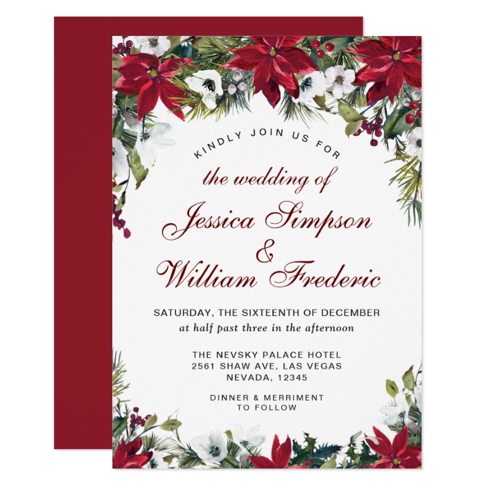 Red Poinsettia Floral Christmas Watercolor Wedding Invitation Zazzle Com