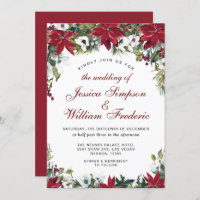 Red Poinsettia Floral Christmas Watercolor Wedding Invitation