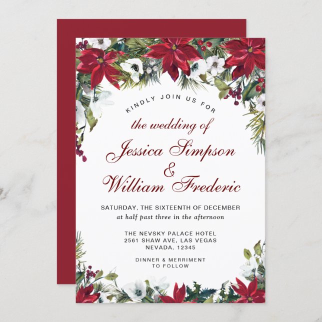 Red Poinsettia Floral Christmas Watercolor Wedding Invitation (Front/Back)