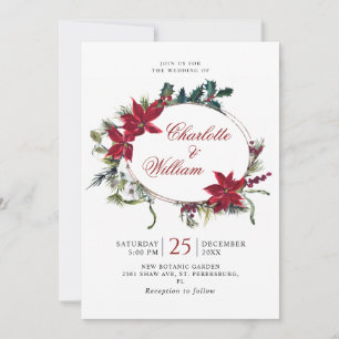 Red Poinsettia Floral Christmas Watercolor Wedding Invitation